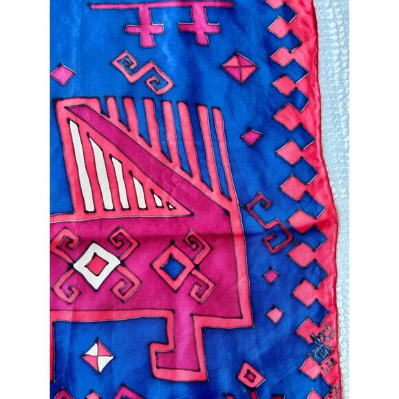 Vintage Silk Scarf Hand Painted Abstract Horse Blue Red 16" Geometric - Picture 3 of 8